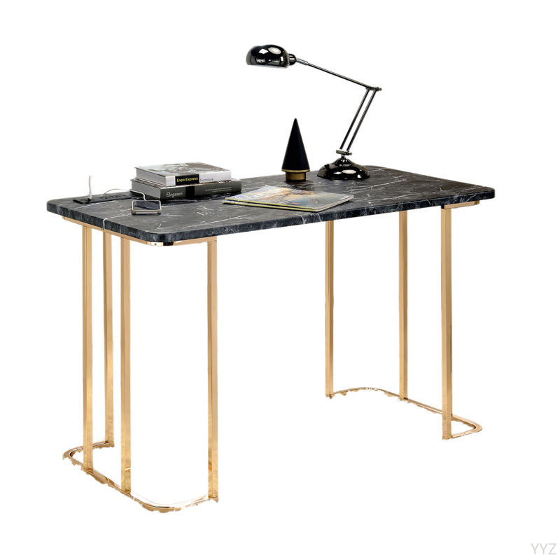 Contemporary Desk With Faux Marble On Top USB & Power Outlet, Gold/Black