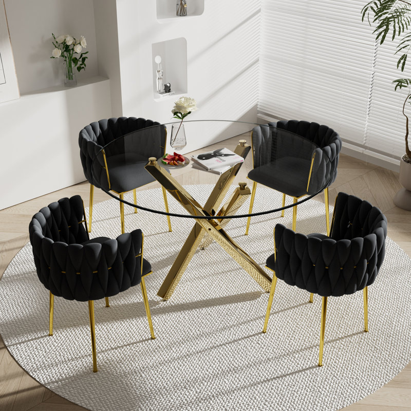Ensemble de salle à manger Ayron, table de salle à manger avec pieds croisés et chaise de salle à manger en velours, Noir