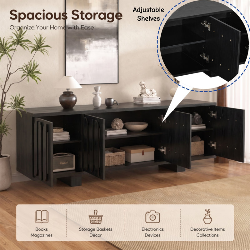 63" Modern American Media Console with 4 Doors, TV Stand with Concealed Storage for TVS up to 75", Black