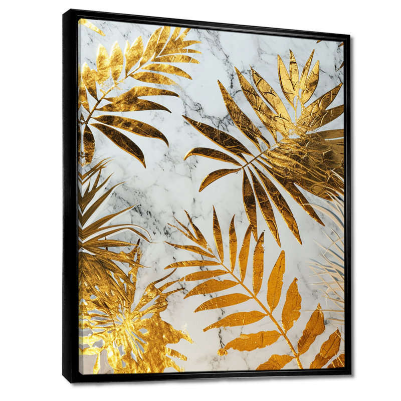 Glam Botanical On White - feuilles, art mural, salon, Toile avec cadre flottant noir, H 32 po x l 16 po x P 1 po