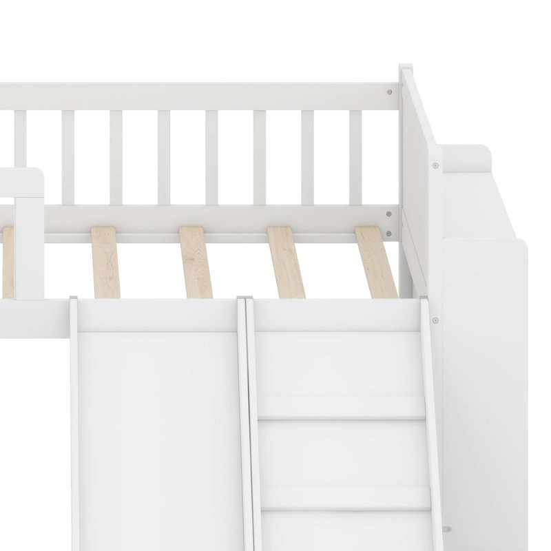 Structure de lit en bois peu encombrante avec tablette de rangement, glissoire et échelle, lit plateforme avec garde-corps, facile à assembler