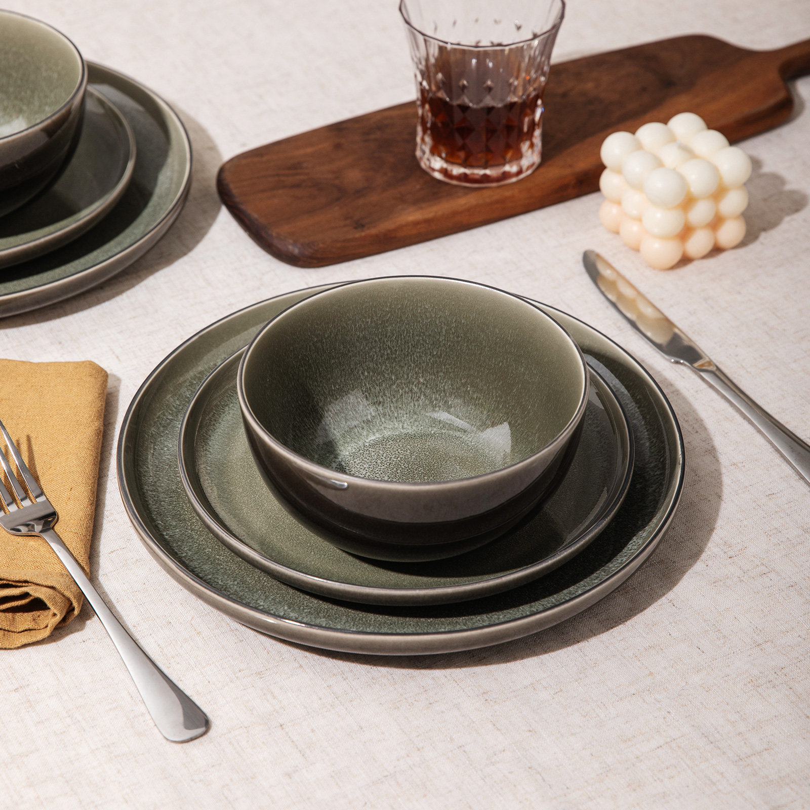  12 Piece Stoneware Dinnerware Sets, Service For 4, Dark Green