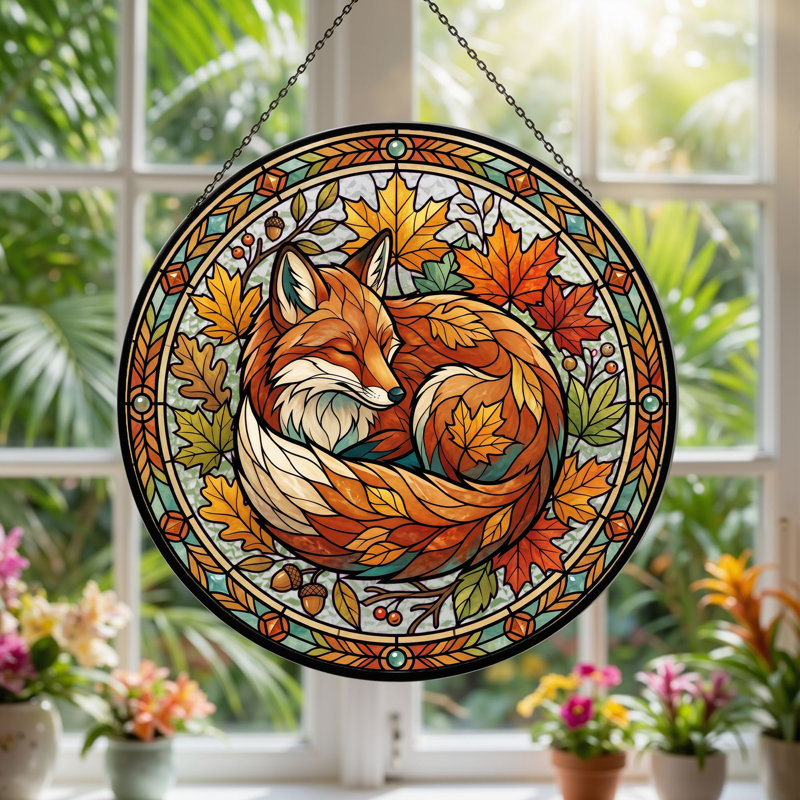 Panneau de vitrail Autumn Fox, 7,8 heures, H 7,8 po