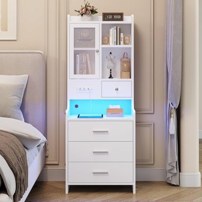 49.3" Tall Nightstand with Charging Station and LED Lights,Bedside Table with Drawers & Storage Shelves,Glass Door,LED Nightstand With Storage