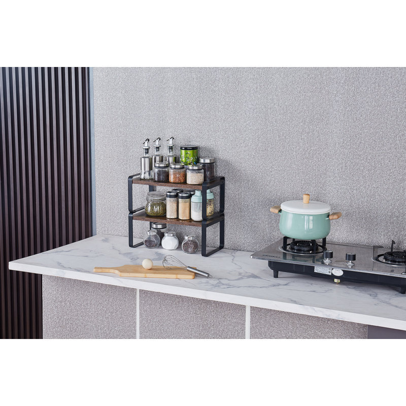 Tablettes de rangement réglables à 2 niveaux, effet bois rustique et structure en métal pour la maison, la cuisine et l'organisation de bureau