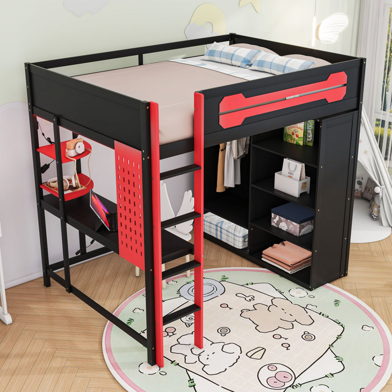 Full Size Wood Loft Bed with RGB Lighting and Desk, Red