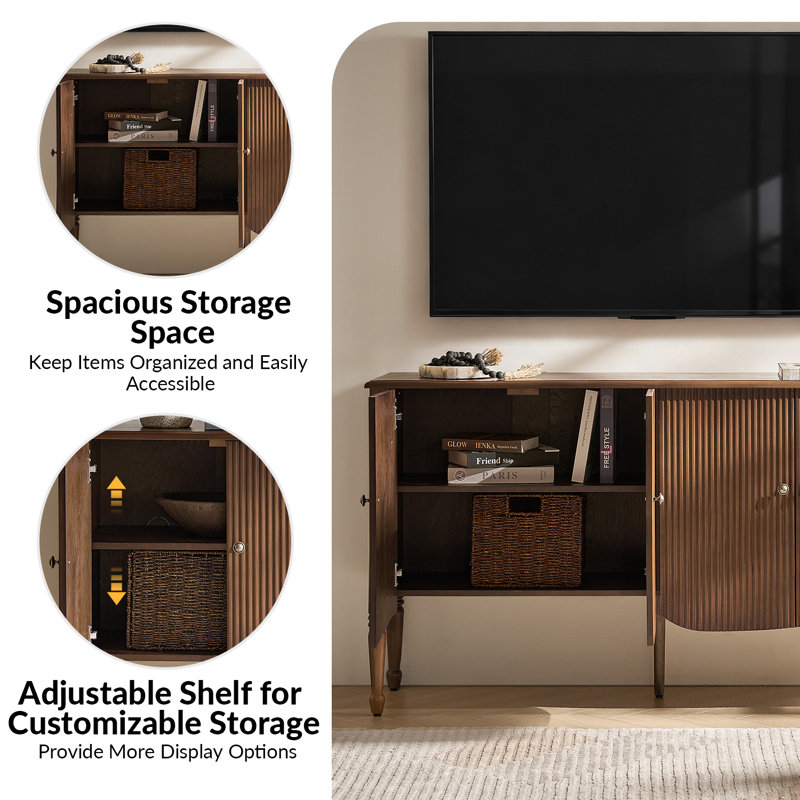 Martha Transitional 58"W 4-Door Fluted Curved Sideboard with Cable Management, Walnut
