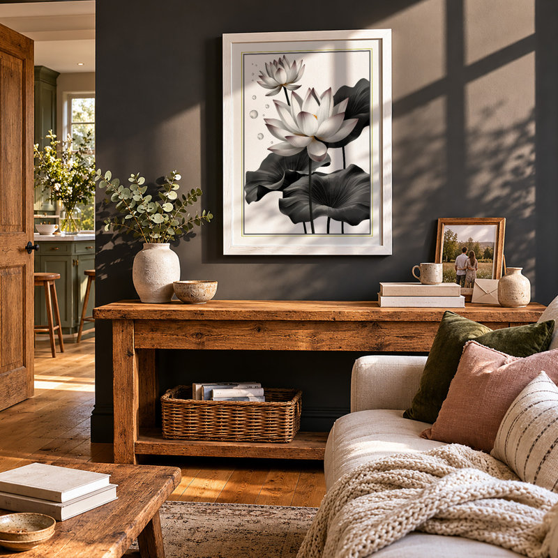 Water Lilies Botanical - Framed Print, A2 - 59.4 x 42.0 cm, White