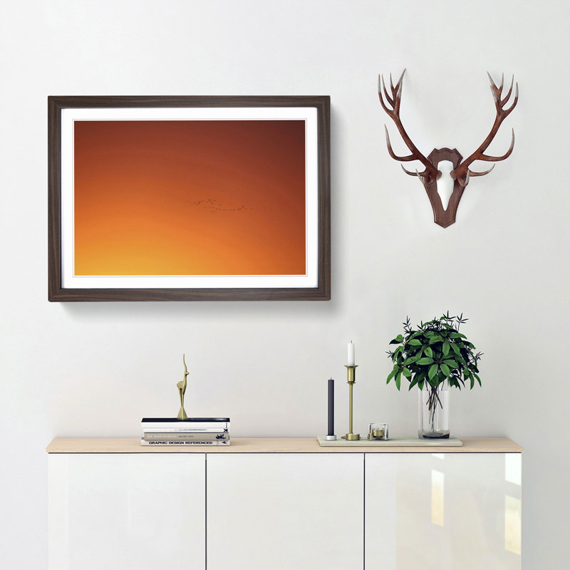 Birds in Flight During an Orange Sunrise - Picture Frame Photograph Print, 27cm H x 36cm W x 2cm D, Walnut Framed