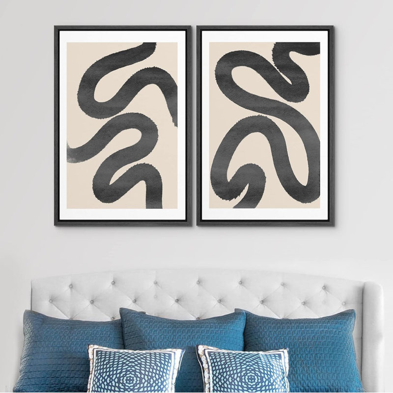 «Black Squiggly Lines over Tan» - ensemble de 2 reproductions sur toile flottantes, Noir, H 36 po x l 24 po