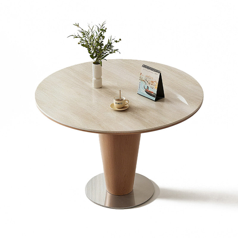 Beige&Walnut Round Sintered Stone Dining table, 29.53"H x 39.37"L x 39.37"W