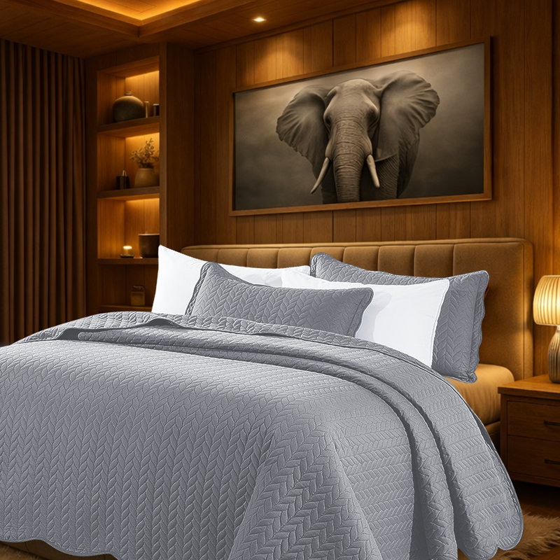 Microfiber Embossed Oversized Bedspread Set With Shams – Modern & Contemporary, Machine Washable, Dust-Resistant, Silver