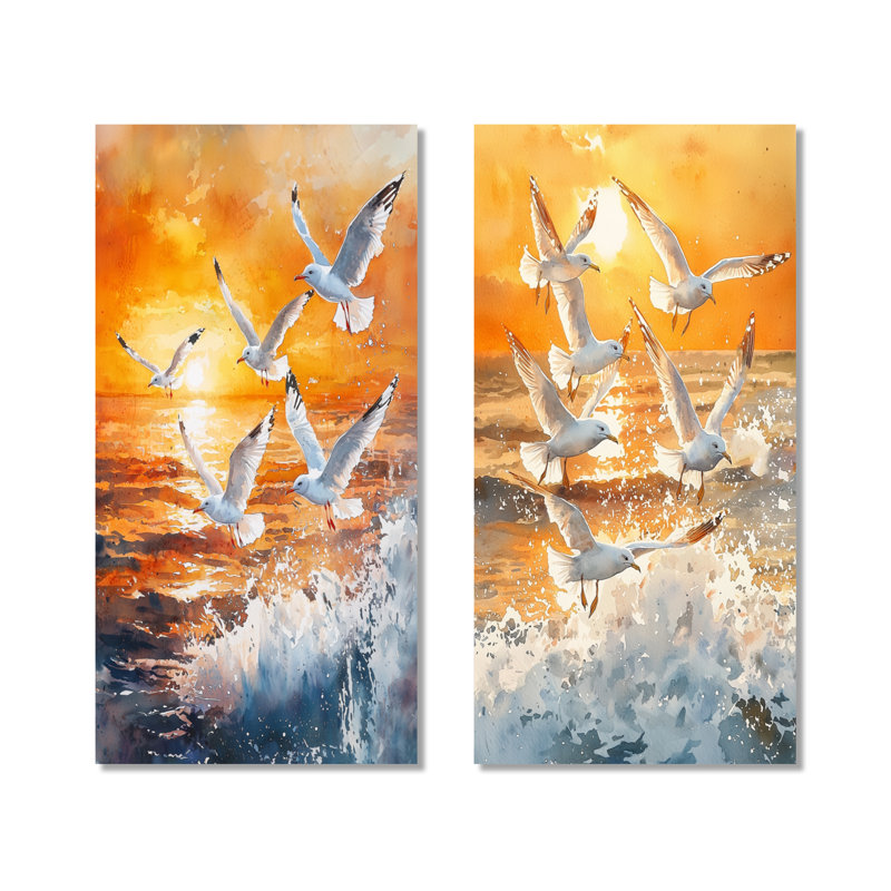 Seagulls at Sunrise I - Bird, ensemble de 2 décorations murales en métal, 40" H x 40" W