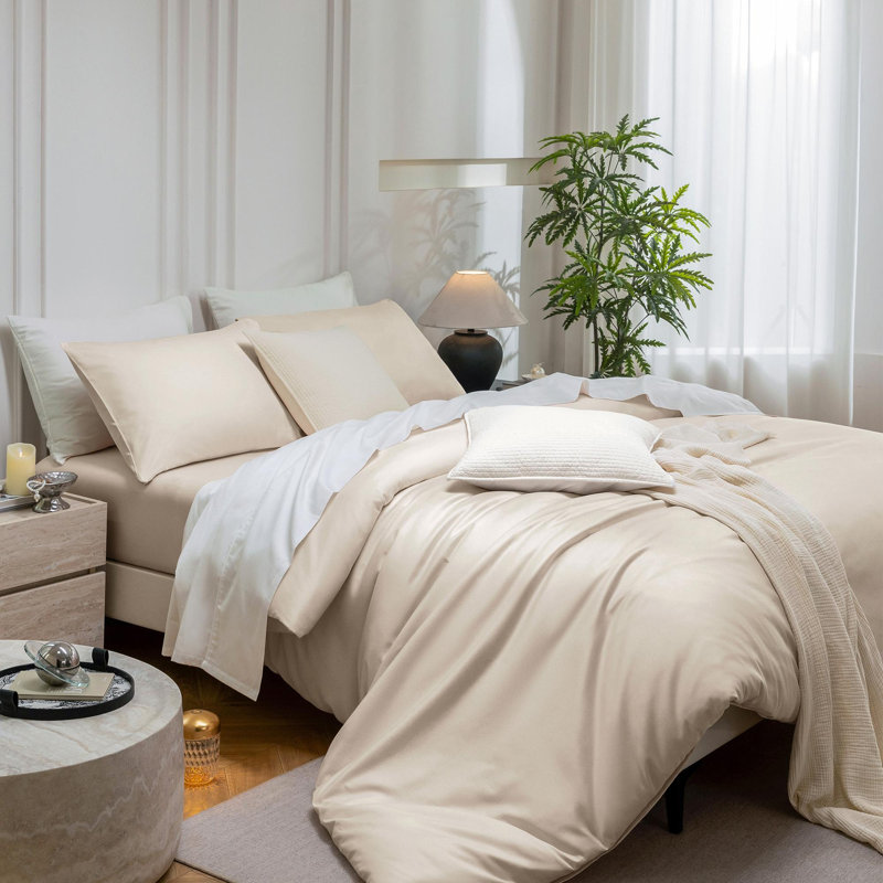 MooMee Duvet Cover Set Silky Sateen Look Luxury Sheen Zipper Closure & 8 Interior Ties 100% Long-Staple Cotton 600TC , Beige