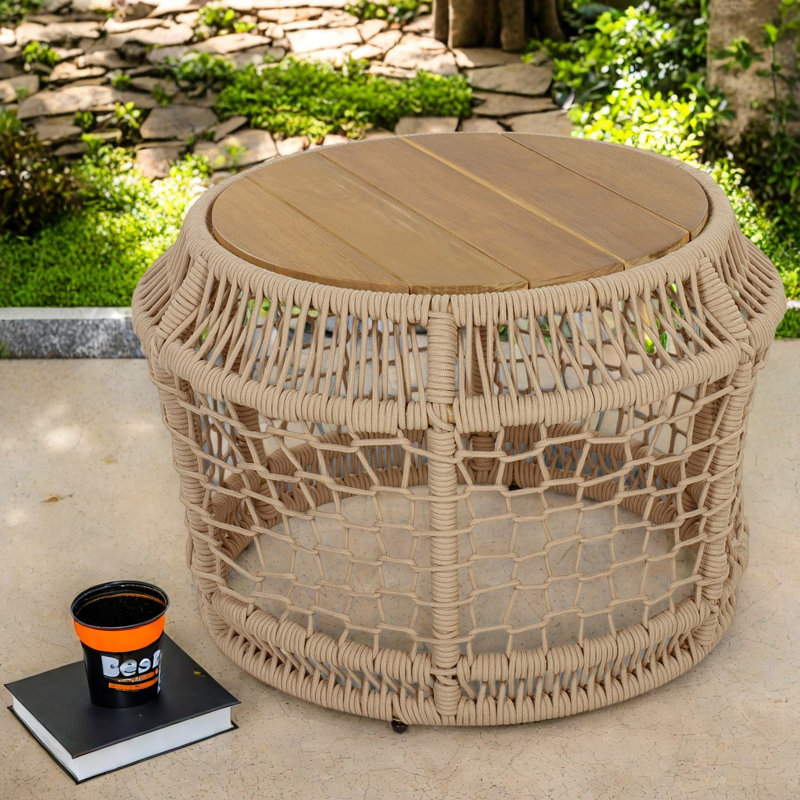 Tables de patio modernes, table d'appoint ronde en bois d'acacia et corde, 68 kg, jardin, Beige