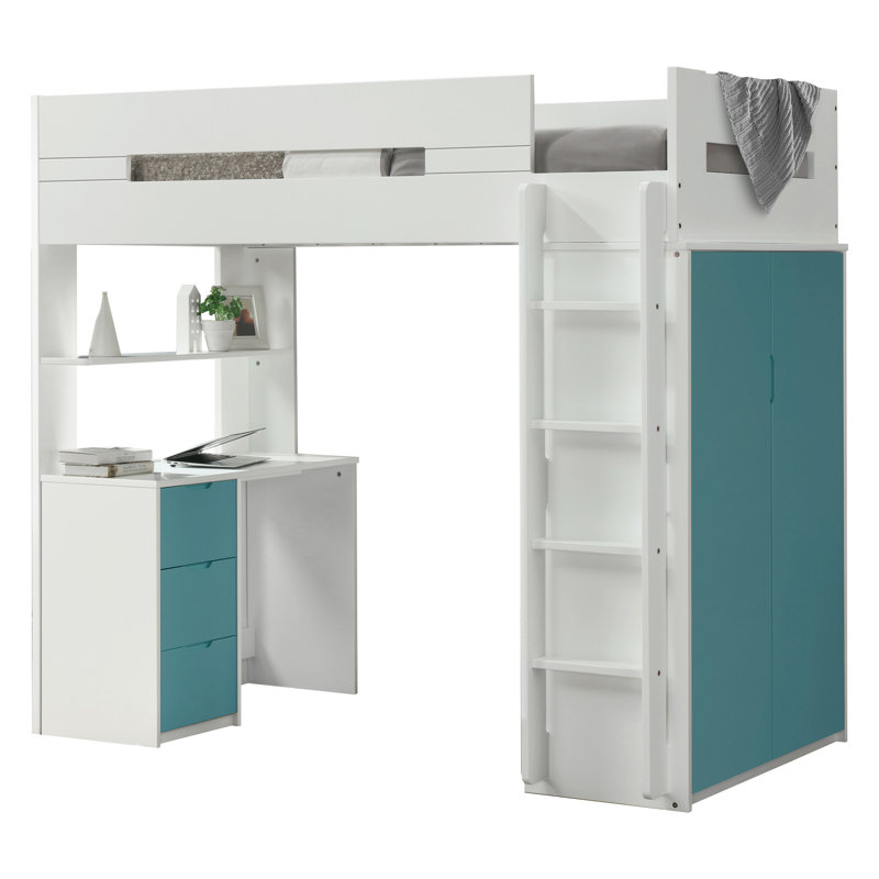Mykonos Twin Loft Bed with Storage in White and Oak, Teal