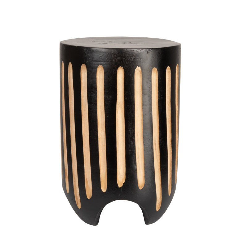 Hand-Carved Wood Side Table, Black Stripe