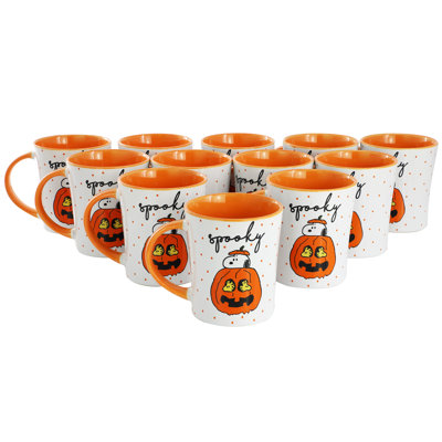Gibson Peanuts Spooky 12 Piece 15 Ounce Funky Stoneware Mug Set In Orange