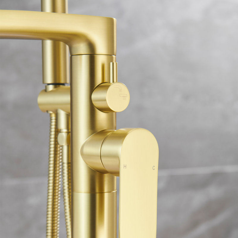 Robinet de baignoire autoportant à poignée levier simple 37,5 "en laiton massif avec douchette à main, Or brossé