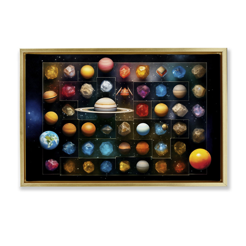 Celestial Gems & Planets Floating Frame, design by Ray Powers, Metallic Gold Floater Frame, 17" H x 25" W