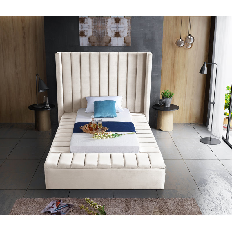 Rick Upholstered Wingback Bed, Twin, Cream Velvet