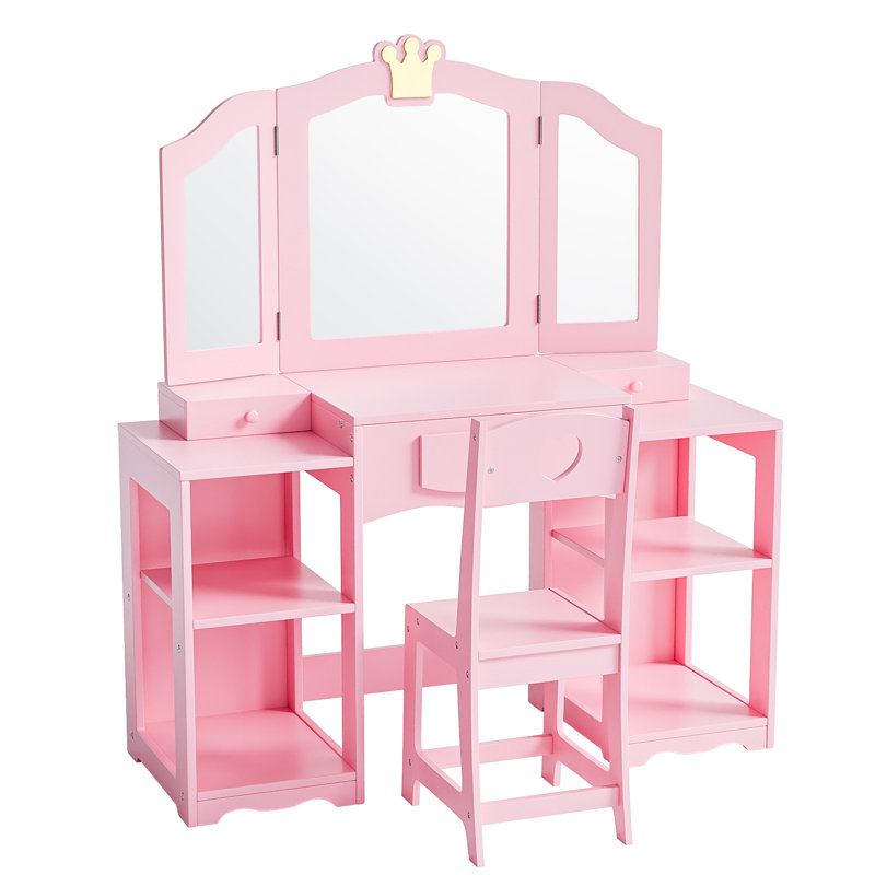 Kids Vanity Table And Chair Set, 2 In 1 Girls Vanity Storage Cabinet W/Tri-Folding Mirror, White
