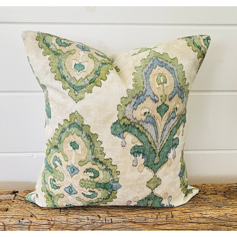  Cotton Throw Square Pillow Cover, Green, Damask, 17.5" x 17.5"