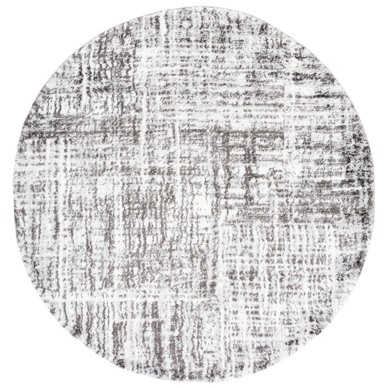 Kara Abstract White/Dark Gray Area Rug, Round 7'