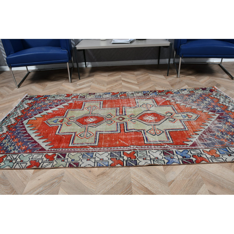 Tapis turc rétro en laine rouge avec esthétique bohème pour la cuisine et les espaces de vie