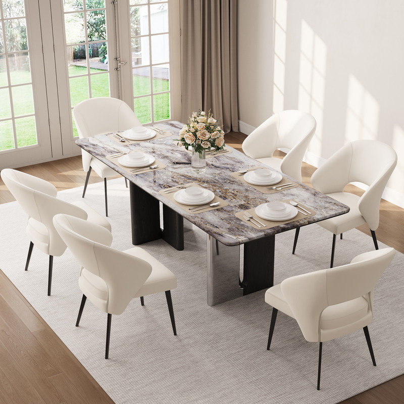 Ensemble de salle à manger moderne de 7 pièces avec table en pierre frittée de 78 pouces et 6 chaises rembourrées à dossier incurvé