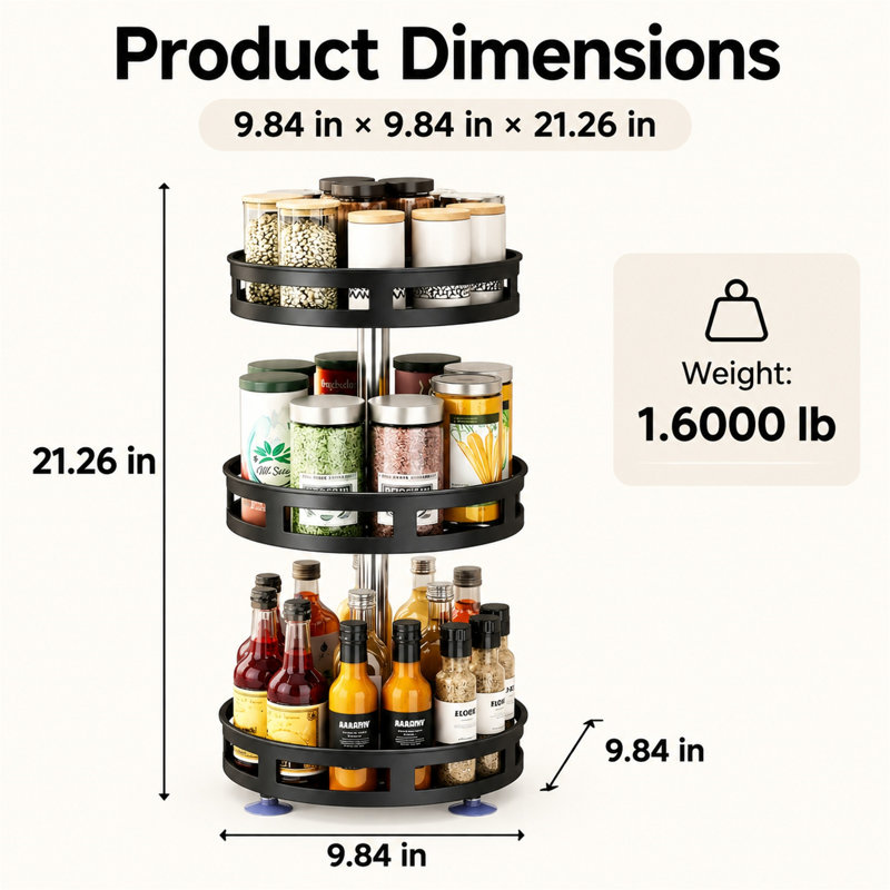 Organisateur à épices rotatif à 3 niveaux, plateau tournant en acier au carbone à 360°, tablette de rangement multifonctionnelle pour condiments et assaisonnements, organisateur de cuisine gain de place pour comptoir, placard ou garde-manger