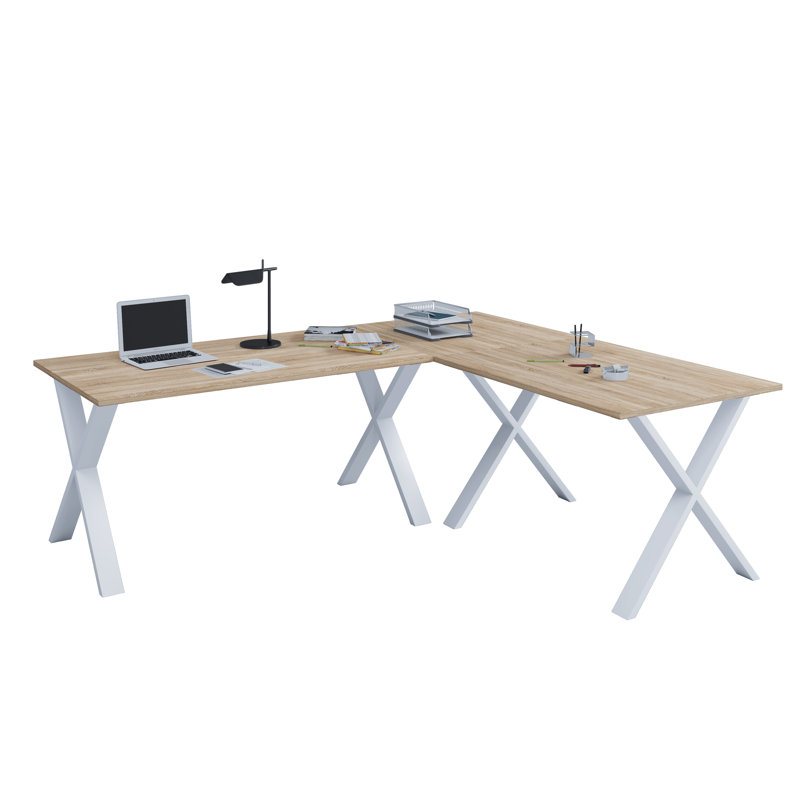 Edford L-Shaped Metal Base Writing Desk, White/Black, 76cm H x 190cm W x 80cm D