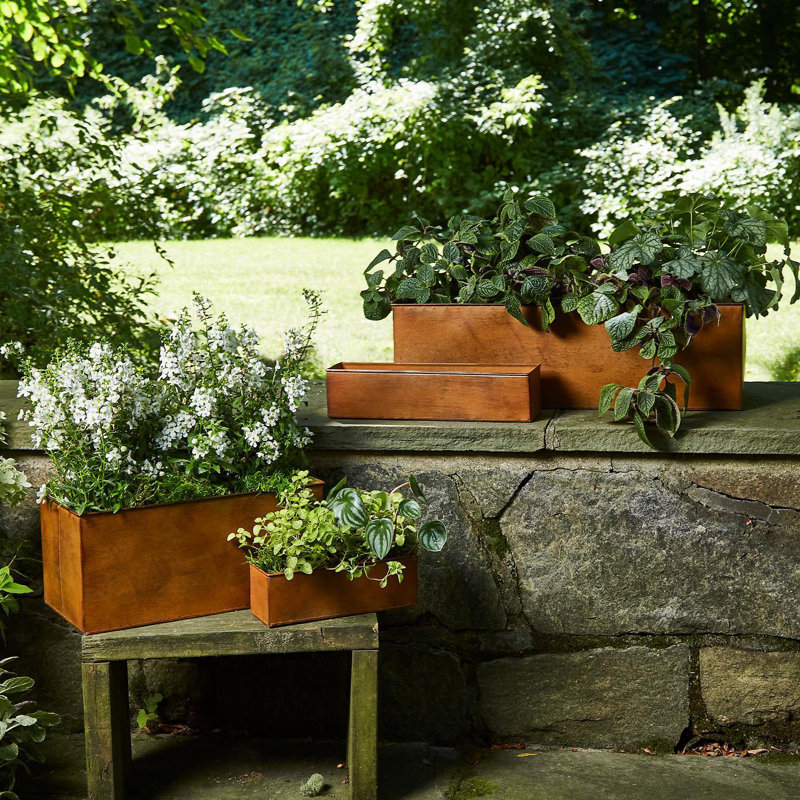 Set Of 4 Window Box With Rusted Metal Finish