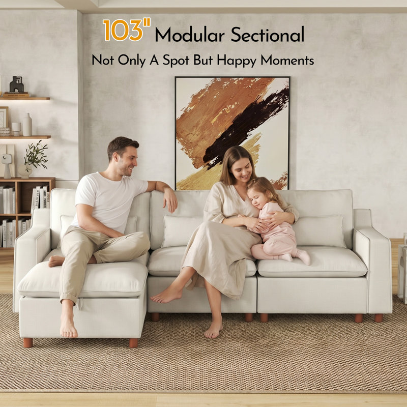 Canapé d'angle modulaire 3 places BedLuxury 103 po avec coutures françaises, Beige Chenille