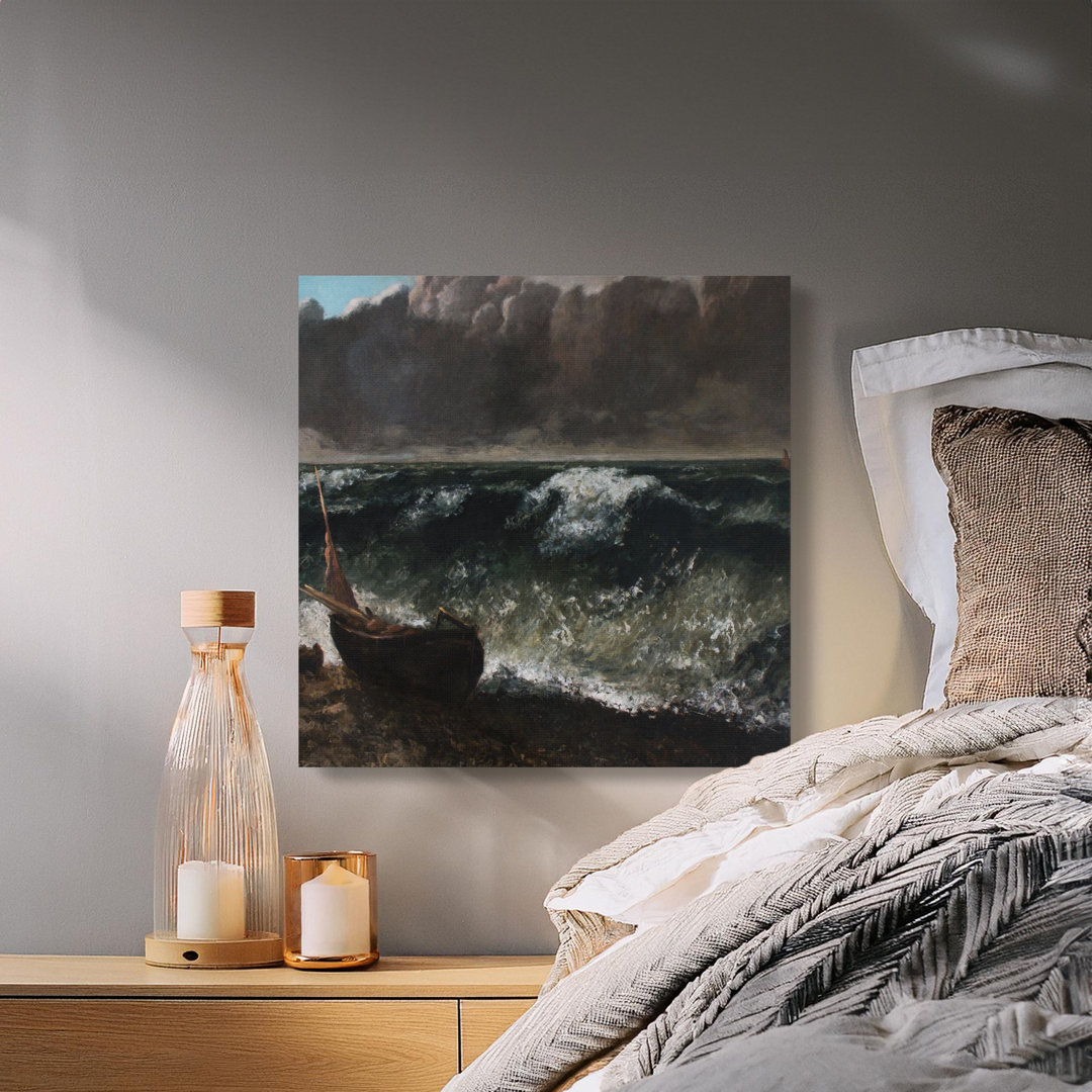 Dark Academia Stormy Ocean Canvas Print | Moody Seascape Wall Art, Vintage Boat Painting, Gothic Home Decor Art