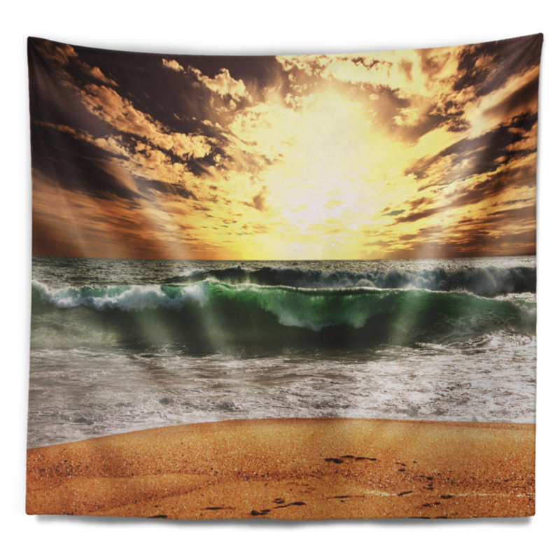 Raging vagues vert à coucher de soleil à coucher de mer tapisserie, H 50 po x l 60 po