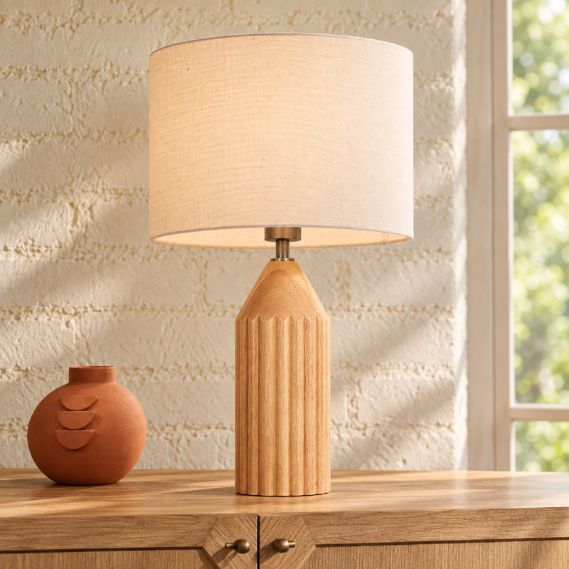 Lampe de table moderne en bois avec abat-jour en lin