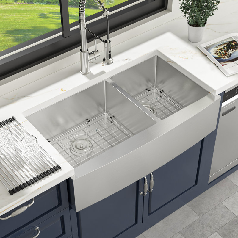 33" L x 21" W Farmhouse Kitchen Sink 60/40 Double Basin Stainless Steel Apron Front Farm Sink