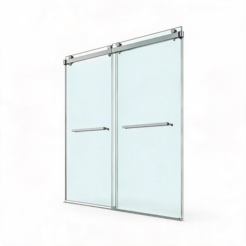 Porte de douche coulissante double sans cadre, finition nickel brossé, 152 cm x 200 cm, verre trempé de 9,5 mm et quincaillerie en acier inoxydable.