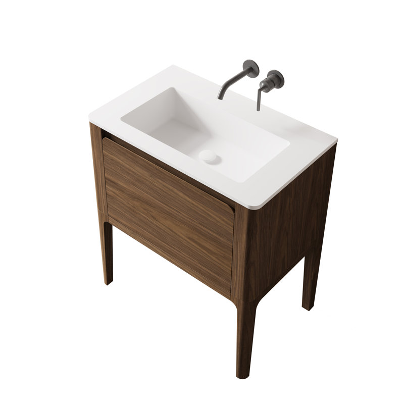 Sahiti 30 po L x 19 po P 1 tiroir Meuble-lavabo autoportant avec évier simple et Comptoir en Surface solide blanc mat