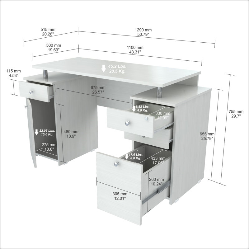 Santoro 51" White Computer Desk With Five Drawers
