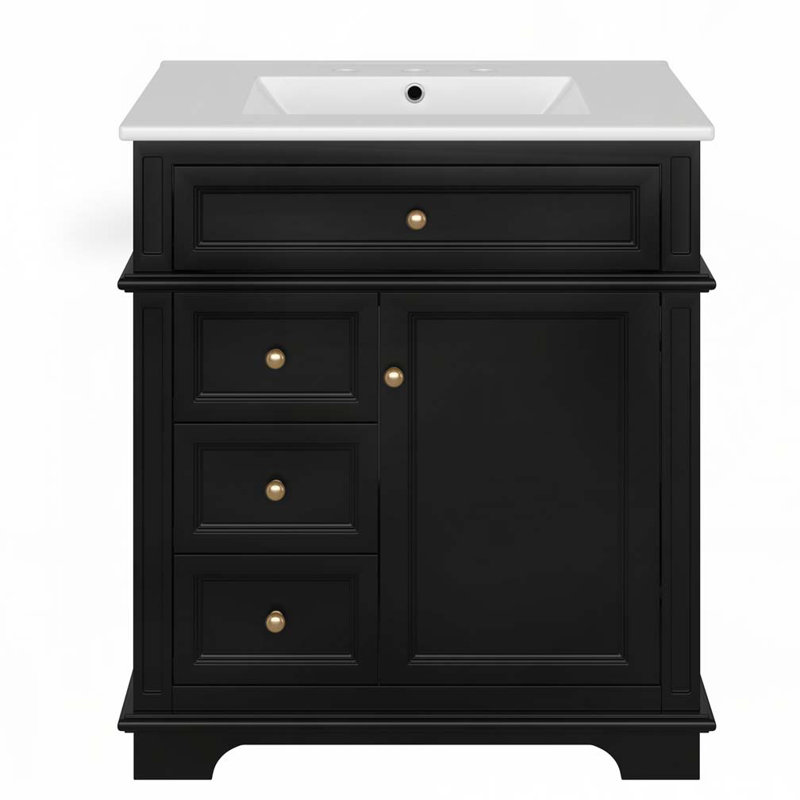 Meuble-lavabo 30 po avec lavabo en céramique, 3 tiroirs, tablette de porte, porte à fermeture douce, Noir