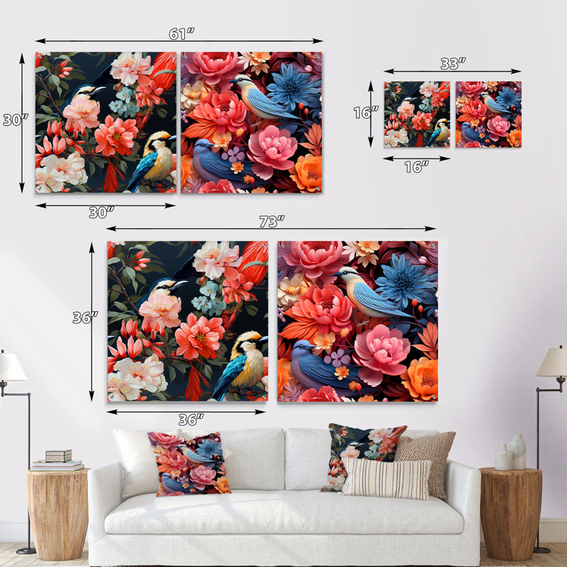 Harmonous, oiseaux vifs et tropicaux floraux, H 16 po x l 33 po
