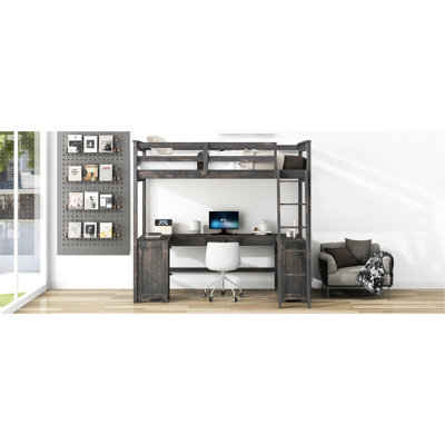 Antique Brown Twin Loft Bed With U-Shaped Desk, Shelf Storage And Drawer Carriers For Bedroom Convenience In Caddies