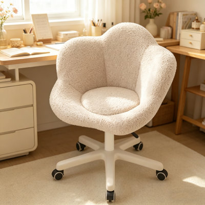 White Faux Shearling Swivel Vanity Chair With Metal Base, Adjustable Height Makeup Stool With Wheels, Modern Floral Design For Bedroom & Dressing Room