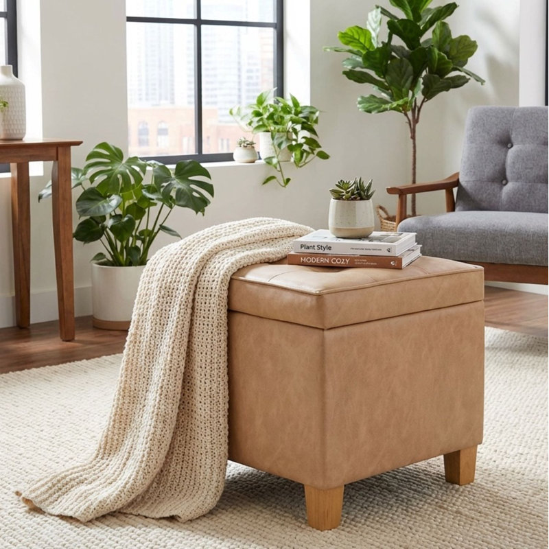 Gamalier Square Tufted Storage Ottoman, Light Brown