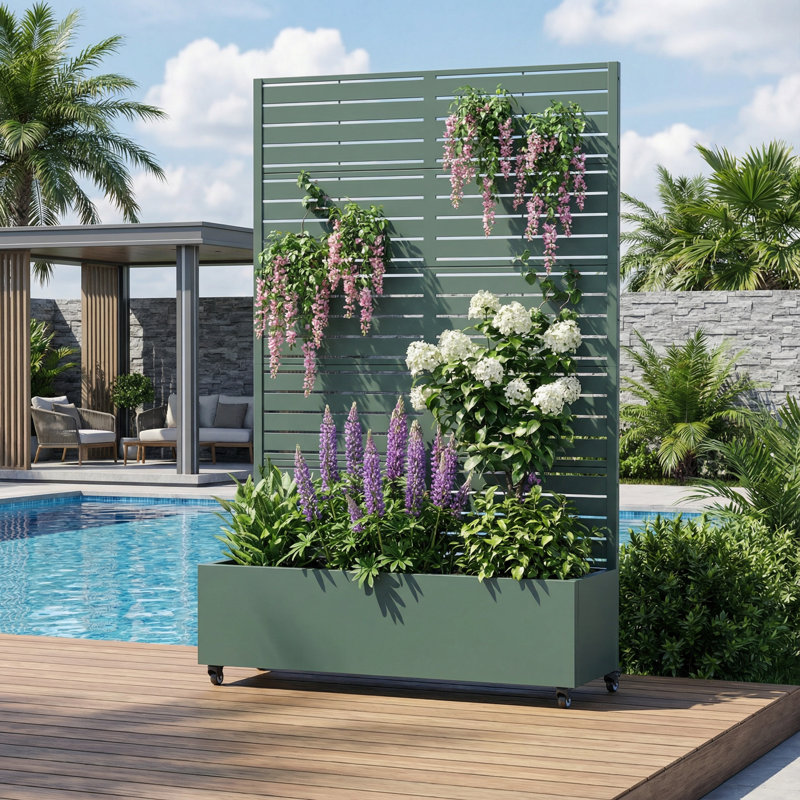 Boîte à fleurs en métal avec roues Eulau, H 72 po x l 47 po x P 16 po, Vert