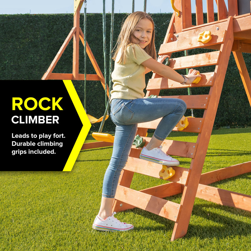 Olympia Natural Wood Swing Set with Green Slide and Fort