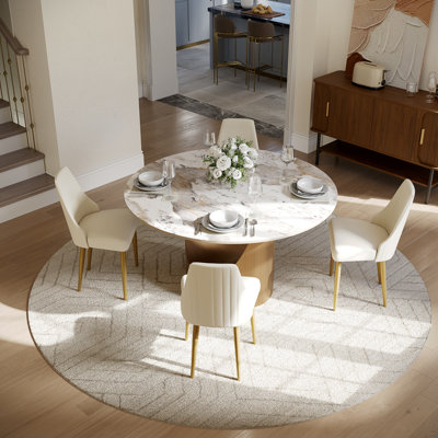 Modern Dining Room Sets, Pre-Assembly Round Dining Table Sets, Sintered Stone Tabletop Kitchen Dining Table Set With Upholstered PU Leather Chairs