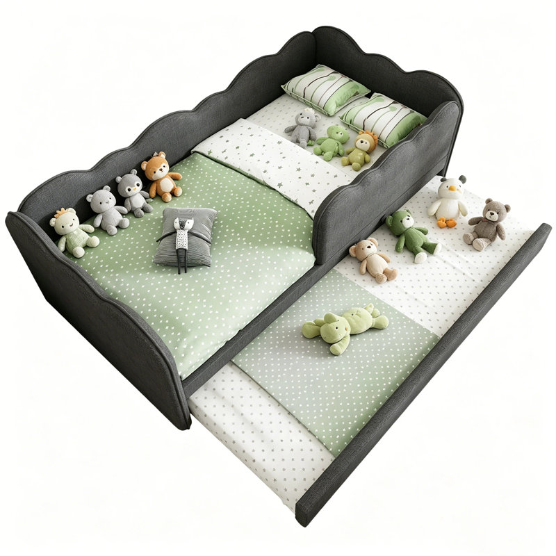 Upholstered Daybed with Trundle, Grey